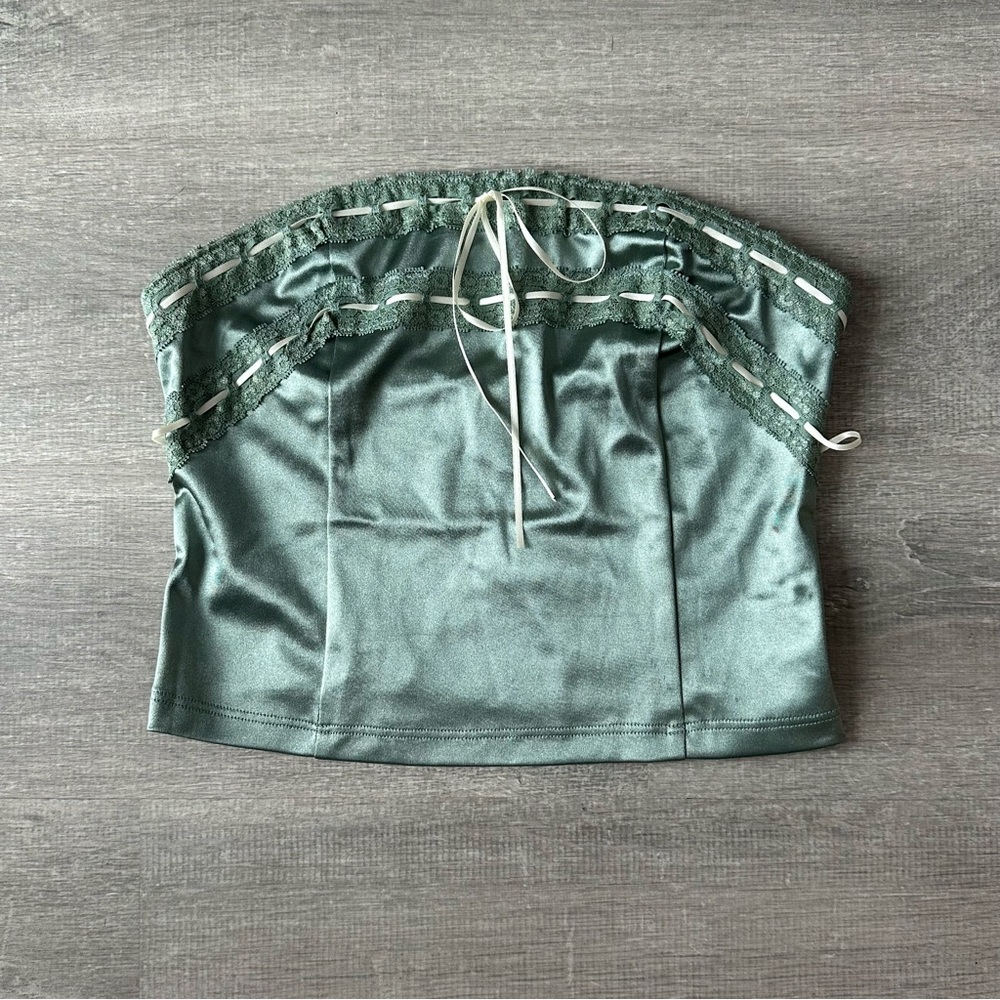 Urban Outfitters Kimchi Blue Alivia Scallop Lace Satin Tube Top Sage Green